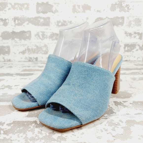 Nine West Wylow Blue Denim Open Toe Slip On Block Heel Mules M437 - Picture 2 of 13